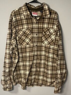 Wrangler Premium Brown Cream Plaid Button-Down Shirt Flannel Men’s XL Jacket